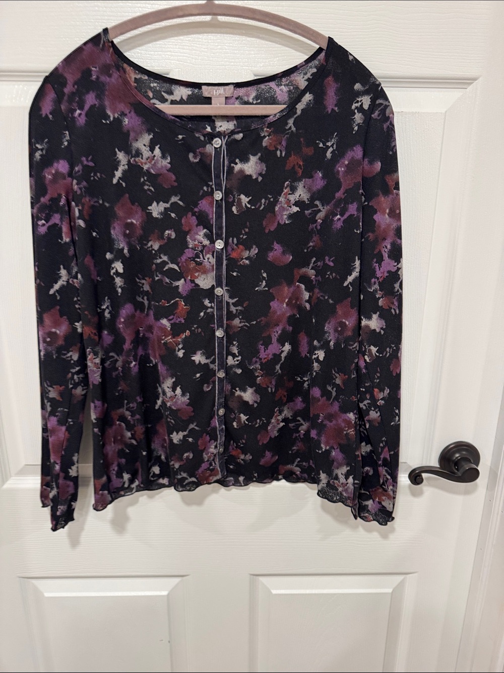 J. Jill Black and Purple Abstract Floral Cardigan